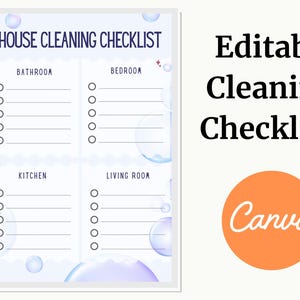 Puede incluir: Una lista de verificación de limpieza de la casa con secciones para el baño, el dormitorio, la cocina y la sala de estar. La lista de verificación tiene un esquema de color azul claro y púrpura con gráficos de burbujas. Se muestran las palabras "House Cleaning Checklist" y "Editable Cleaning Checklist".