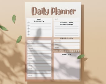 印刷可能なデイリープランナー、時間別スケジュール、食事プラン（デジタルダウンロード）