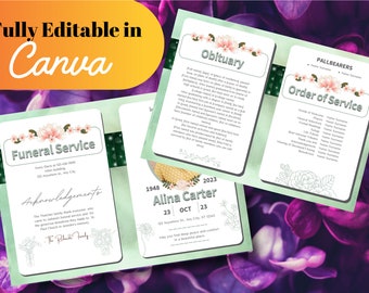 花の葬儀プログラムテンプレート、死亡記事のお知らせ（編集可能・印刷可能）