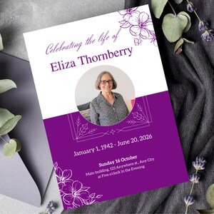 Editable Purple Funeral Program Template | Funeral Memorial | Celebration Of Life Funeral Program | Greenery Order Of Service