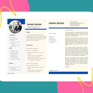 May include: A resume and cover letter template for Daniel Russo, a web development professional. The resume includes education, skills, and experience. The cover letter is addressed to Mr. Fernandez.