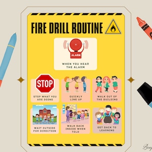 Ayuda visual de seguridad para simulacros de incendio, rutina escolar (descarga digital)