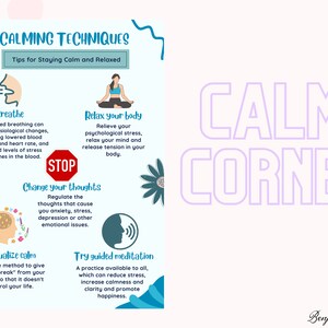 5 Calming techniques - Calm Down Corner Posters Print Educational Wall Art Printable for Set Kids Classroom Preschool Toddler Homeschool
