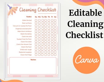 編集可能な掃除チェックリスト、家事手伝い表（デジタルダウンロード PNG PDF）