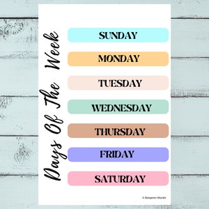 Days of the Week Printable, Learning the Seven Days of the Week, School Wall Decorations Poster for Kids
