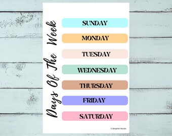 Days of the Week Poster, Rainbow Colors, Kids Classroom Decor (Digital Download)
