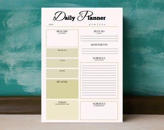 編集可能なデイリープランナーテンプレート、印刷可能なスケジュール（デジタルダウンロード）