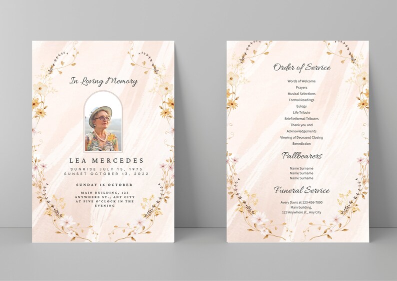 Editable Pink Funeral Program Template, Memorial Program, Funeral Program, Obituary Program, Celebration of Life, Funeral Service image 2