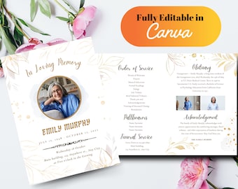 花の葬儀プログラムテンプレート、エレガントなメモリアル（Canvaで編集可能）