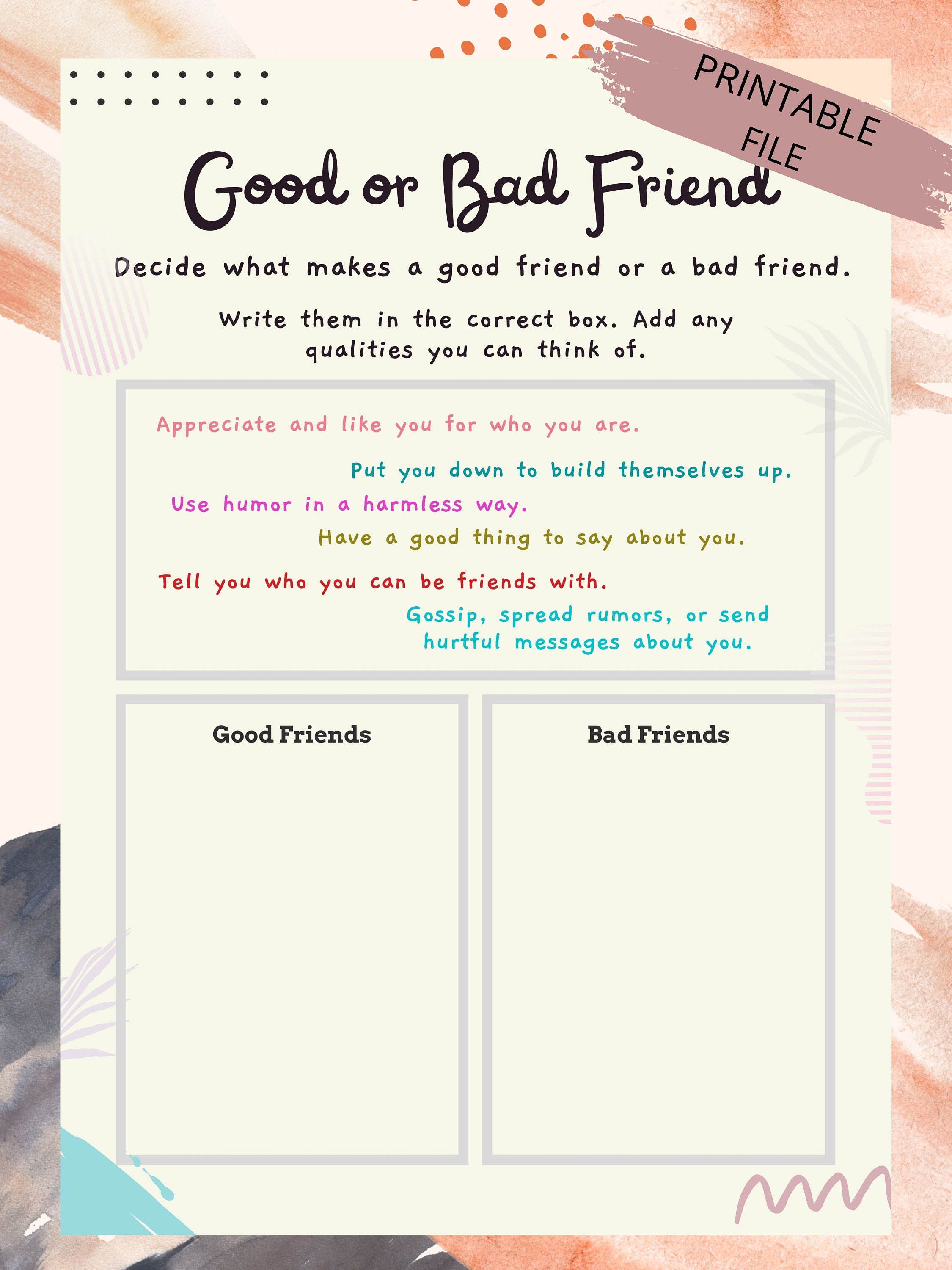 Good Vs Bad Friends Poster PRINTABLE Emotional Learning Etsy Canada