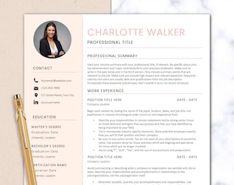 May include: A resume template with a pink and white color scheme. The template includes sections for contact information, education, work experience, and professional summary. The template is designed to help job seekers create a professional and visually appealing resume.