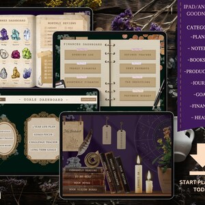 K&ouml;nnte beinhalten: Ein digitaler Planer mit violettem Hintergrund und goldenen Akzenten. Der Planer ist in Abschnitte f&uuml;r Ziele, Finanzen und andere Kategorien unterteilt. Der Planer ist f&uuml;r die Verwendung mit der Goodnotes-App auf iPad und Android-Ger&auml;ten konzipiert. Der Text "START PLANNING TODAY" wird am unteren Rand des Bildes angezeigt.