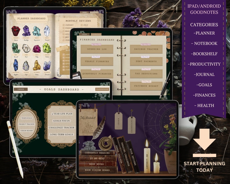 K&ouml;nnte beinhalten: Ein digitaler Planer mit violettem Hintergrund und goldenen Akzenten. Der Planer ist in Abschnitte f&uuml;r Ziele, Finanzen und andere Kategorien unterteilt. Der Planer ist f&uuml;r die Verwendung mit der Goodnotes-App auf iPad und Android-Ger&auml;ten konzipiert. Der Text "START PLANNING TODAY" wird am unteren Rand des Bildes angezeigt.