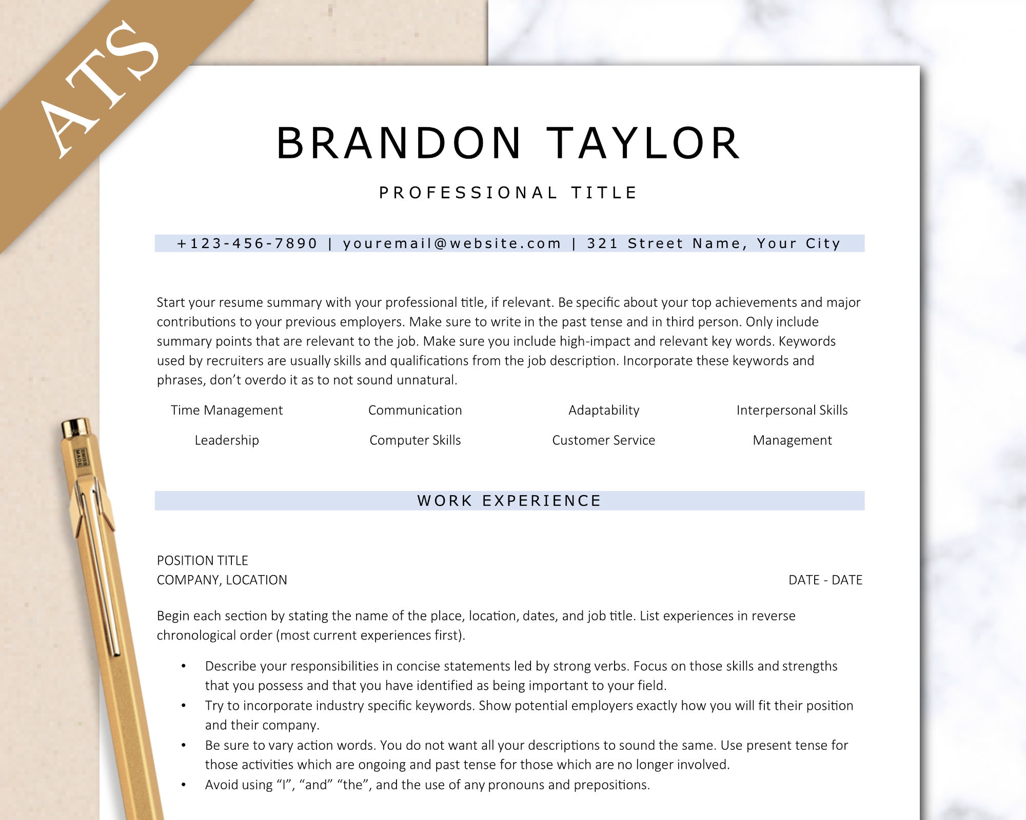 ATS Friendly Resume Template, Professional, Microsoft Word, Google Docs ...