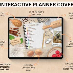 Peut inclure: Couverture de planificateur num&eacute;rique interactif sur fond de bois brun. La couverture pr&eacute;sente un &eacute;cran de tablette avec un planificateur de repas, des sections de recettes, un inventaire, une liste de courses et des pages de notes. L'&eacute;cran de la tablette est entour&eacute; de divers articles de cuisine, notamment des b&acirc;tonnets de cannelle, un rouleau &agrave; p&acirc;tisserie, une cuill&egrave;re et des framboises.
