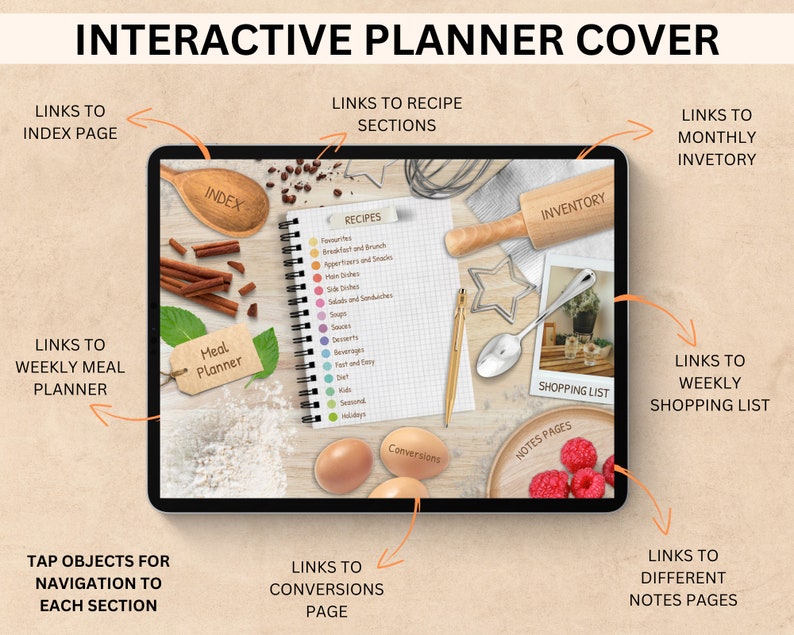 Peut inclure: Couverture de planificateur num&eacute;rique interactif sur fond de bois brun. La couverture pr&eacute;sente un &eacute;cran de tablette avec un planificateur de repas, des sections de recettes, un inventaire, une liste de courses et des pages de notes. L'&eacute;cran de la tablette est entour&eacute; de divers articles de cuisine, notamment des b&acirc;tonnets de cannelle, un rouleau &agrave; p&acirc;tisserie, une cuill&egrave;re et des framboises.