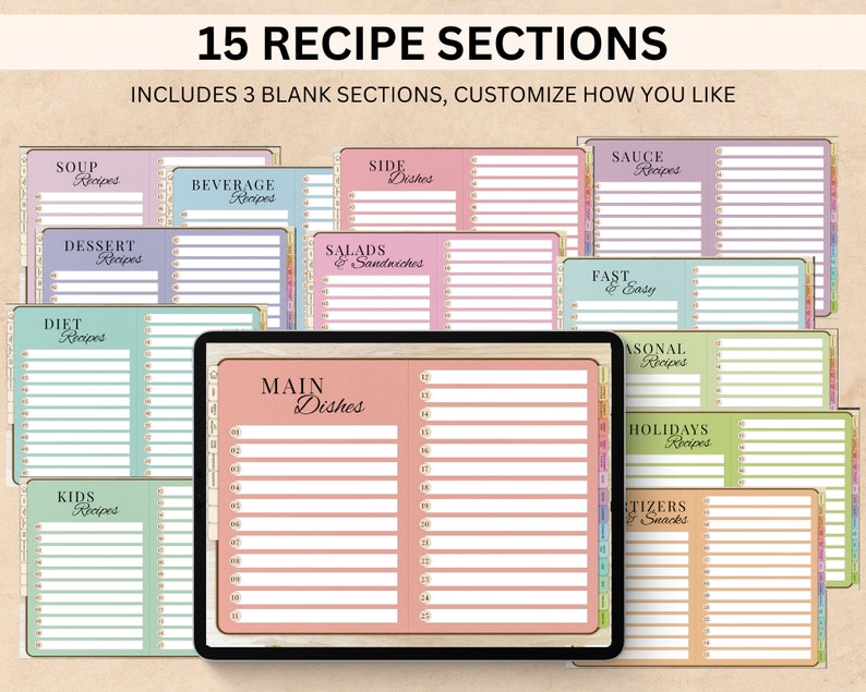 Peut inclure: Un planificateur num&eacute;rique avec 15 sections de recettes, dont 3 sections vierges. Les sections sont &eacute;tiquet&eacute;es avec diff&eacute;rentes cat&eacute;gories, telles que Soupe, Dessert, Plats principaux et F&ecirc;tes. Le planificateur est con&ccedil;u pour aider les gens &agrave; organiser leurs recettes et leurs plans de repas.