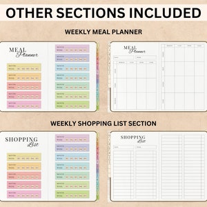 Peut inclure: Un planificateur imprimable avec des sections pour la planification des repas hebdomadaires et une liste de courses hebdomadaire. Le planificateur a un design color&eacute; avec des couleurs pastel et un fond brun.