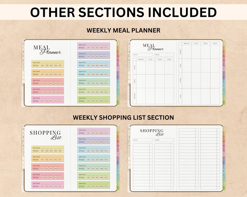 Peut inclure: Un planificateur imprimable avec des sections pour la planification des repas hebdomadaires et une liste de courses hebdomadaire. Le planificateur a un design color&eacute; avec des couleurs pastel et un fond brun.