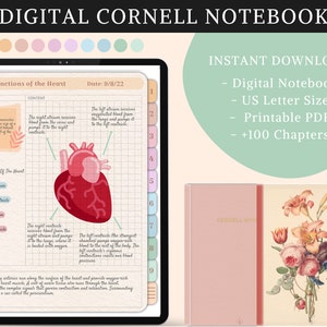 May include: Digital Cornell Notebook with a pink and floral cover. The notebook is divided into sections for note-taking and includes a diagram of the human heart with the title "Functions of the Heart".