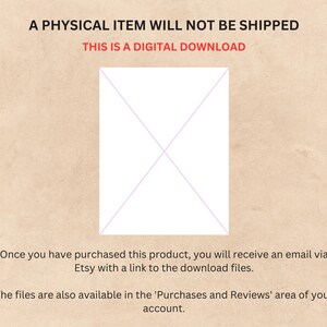 Peut inclure: Un avis de t&eacute;l&eacute;chargement num&eacute;rique avec le texte "A PHYSICAL ITEM WILL NOT BE SHIPPED THIS IS A DIGITAL DOWNLOAD". L'avis est sur un fond beige avec un rectangle blanc avec une ligne diagonale.
