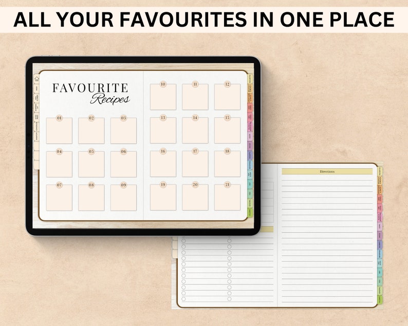 Peut inclure: Une tablette num&eacute;rique affichant un planificateur de recettes avec 21 cases num&eacute;rot&eacute;es pour les titres de recettes. La tablette est ouverte sur une page intitul&eacute;e "Recettes pr&eacute;f&eacute;r&eacute;es". La tablette est pos&eacute;e sur une surface brun clair &agrave; c&ocirc;t&eacute; d'un carnet reli&eacute; avec des pages lign&eacute;es et un index &agrave; onglets color&eacute;s.