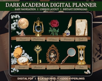 Digitaler Planer, Dark Academia, undatiertes Journal, Montag Start, Jahresplanung, iPad, Template für Goodnotes, Notability, Noteshelf