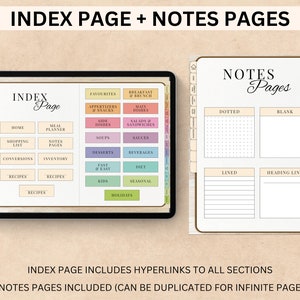 Peut inclure: Un planificateur num&eacute;rique avec une page d'index color&eacute;e et quatre pages de notes vierges. La page d'index comprend des cat&eacute;gories pour la planification des repas, les listes de courses, les recettes, etc. Les pages de notes sont vierges, lign&eacute;es, pointill&eacute;es et comportent une ligne de titre.