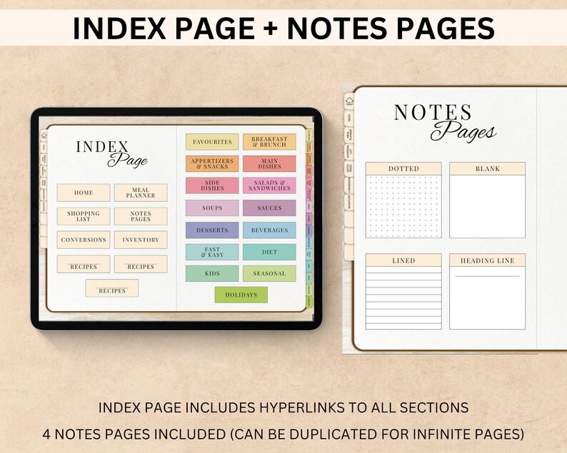 Peut inclure: Un planificateur num&eacute;rique avec une page d'index color&eacute;e et quatre pages de notes vierges. La page d'index comprend des cat&eacute;gories pour la planification des repas, les listes de courses, les recettes, etc. Les pages de notes sont vierges, lign&eacute;es, pointill&eacute;es et comportent une ligne de titre.