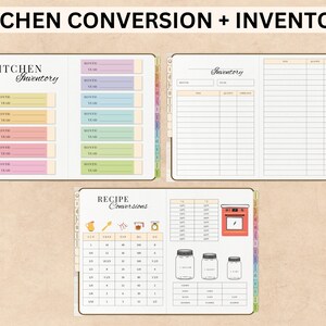 Peut inclure: Un planificateur de cuisine imprimable avec des sections pour l'inventaire, les conversions de recettes et la planification des repas mensuels. Le planificateur pr&eacute;sente un design color&eacute; avec des couleurs pastel et des illustrations d'ustensiles de cuisine.