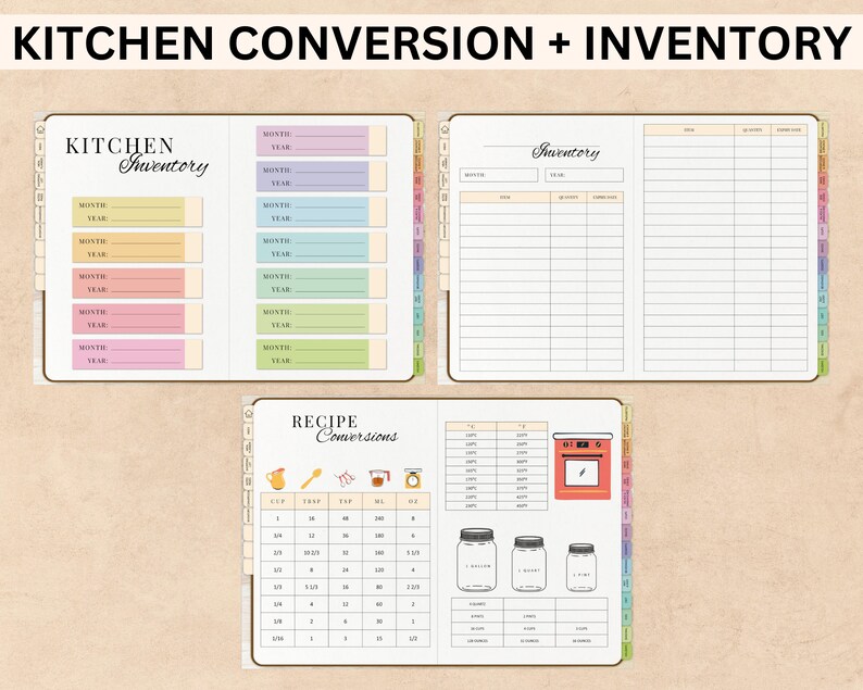 Peut inclure: Un planificateur de cuisine imprimable avec des sections pour l'inventaire, les conversions de recettes et la planification des repas mensuels. Le planificateur pr&eacute;sente un design color&eacute; avec des couleurs pastel et des illustrations d'ustensiles de cuisine.