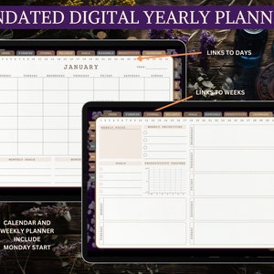 K&ouml;nnte beinhalten: Ein digitaler Jahresplaner mit einem Kalender- und einem Wochenplaner-Bereich. Der Kalenderbereich bietet eine Monatsansicht mit Platz f&uuml;r monatliche Ziele. Der Wochenplaner-Bereich bietet Platz f&uuml;r den w&ouml;chentlichen Fokus, w&ouml;chentliche Priorit&auml;ten und einen Produktivit&auml;ts-Tracker. Der Planer hat einen dunklen Hintergrund mit floralen Akzenten.