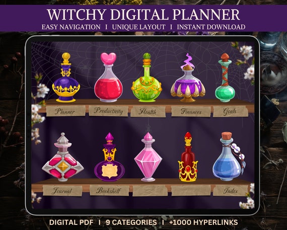 Witchy Digital Planner, Witch Aesthetic, Undated Journal, Monday Start, Yearly Planning, iPad, Template for Goodnotes, Notability, Noteshelf