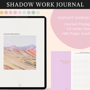 May include: A digital download of a printable shadow work journal with a colorful mountain landscape image on the cover. The journal includes prompts and has over 180 pages. The text "Shadow Work Journal" is displayed on the cover.