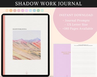 May include: A digital download of a printable shadow work journal with a colourful mountain landscape image on the cover. The journal includes prompts and has over 180 pages. The text "Shadow Work Journal" is displayed on the cover.
