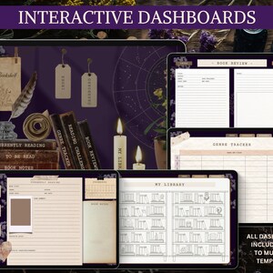 K&ouml;nnte beinhalten: Interaktive digitale Dashboards f&uuml;r B&uuml;cherliebhaber, mit einem dunkelvioletten Hintergrund mit einem Sternbild-Design, Kerzen und einem B&uuml;cherregal mit B&uuml;chern. Die Dashboards beinhalten Bereiche f&uuml;r aktuell gelesene B&uuml;cher, zu lesende B&uuml;cher, Buchnotizen, Buchrezensionen, Lesechallenges, Genre-Tracker und eine Bibliothek.