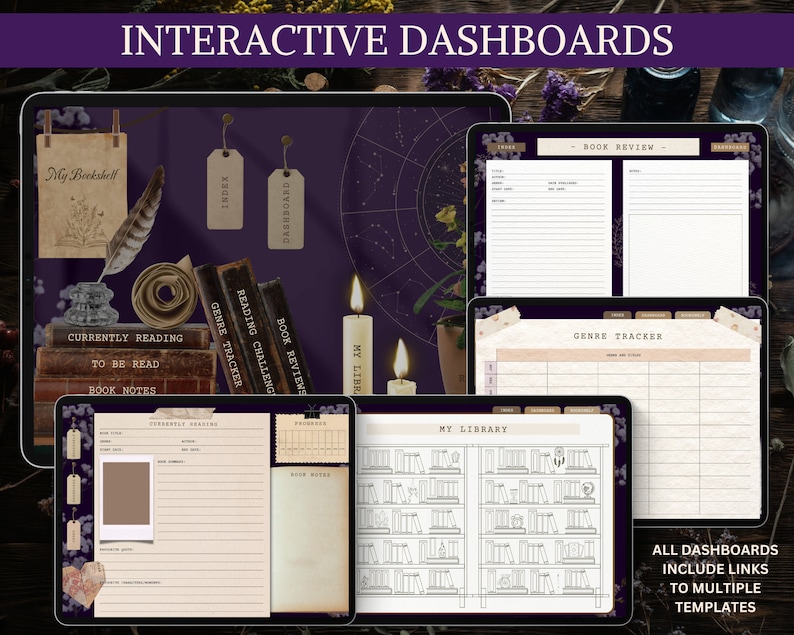 K&ouml;nnte beinhalten: Interaktive digitale Dashboards f&uuml;r B&uuml;cherliebhaber, mit einem dunkelvioletten Hintergrund mit einem Sternbild-Design, Kerzen und einem B&uuml;cherregal mit B&uuml;chern. Die Dashboards beinhalten Bereiche f&uuml;r aktuell gelesene B&uuml;cher, zu lesende B&uuml;cher, Buchnotizen, Buchrezensionen, Lesechallenges, Genre-Tracker und eine Bibliothek.