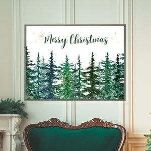 Colgante de pared navideño con bosque nevado / Letrero navideño de acuarela de pino / Letrero navideño grande / Paisaje invernal de abeto / Póster navideño