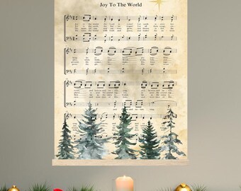 Vintage Joy to the World Art: bladmuziekprint kerstmantel met houten hanger
