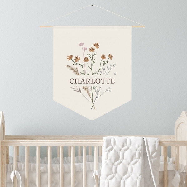 Woodland Name Sign Nursery Banner |Name Above Crib Child Name Sign|Boho Girl Nursery|Wildflower Nursery|Personalized Pennant|Babyshower Gift