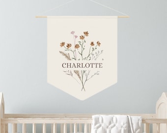 Woodland Name Sign Nursery Banner |Name Above Crib Child Name Sign|Boho Girl Nursery|Wildflower Nursery|Personalized Pennant|Babyshower Gift