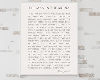 May include: A black and white printable quote poster with a white background and gray text. The quote is by Theodore Roosevelt and reads "It is not the critic who counts: not the man who points out how the strong man stumbles, or where the doer of deeds could have done them better. The credit belongs to the man who is actually in the arena, whose face is marred by dust and sweat and blood, who strives valiantly: who errs, who comes short again and again, because there is no effort without error and shortcoming; but who does actually strive to do the deeds: who knows great enthusiasms, the great devotions; who spends himself in a worthy cause; who at the best knows in the end the triumph of high achievement, and who at the worst, if he fails, at least fails while daring greatly, so that his place shall never be with those cold and timid souls who neither know victory nor defeat."
