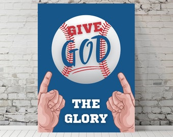以下が含まれることがあります： 赤いステッチの付いた白い野球ボールと、「GIVE GOD THE GLORY」という赤と白の文字が書かれた青いポスター。2本の指がボールを指している。