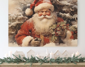 Vintage Santa Claus Canvas Sign: Nostalgic Christmas Wall Art