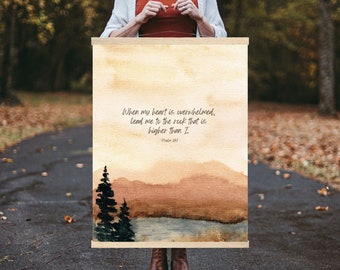 Psalm 61:2 Scripture Poster | Mountain Scene Watercolor Art