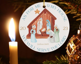 Kerststal Jozua 24 15 | Heilig Familieornament | Bijbelvers Ornament | Jesus in Trog Ornament | Kerststal Boho Ornament