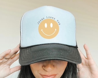 Smiley Face Trucker Hat: Jesus Loves You Christian Cap