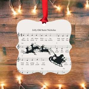 Jolly Old Saint Nicholas Ornament Sheet Music Ornament | Santa And Reindeer Christmas Carol Ornament | Christmas Sleigh Santa Claus Ornament