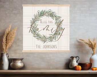 Bless This House Last Name Sign | Blessed Sign Customizable Signs | Year Round Wreath Large Farmhouse Sign | Blessings Sign Fireplace Mantel