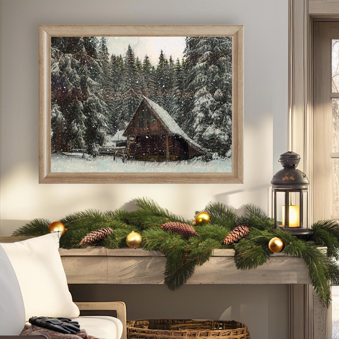 Winter Cabin in the Woods Print: Snowy Douglas Fir Forest Wall Art
